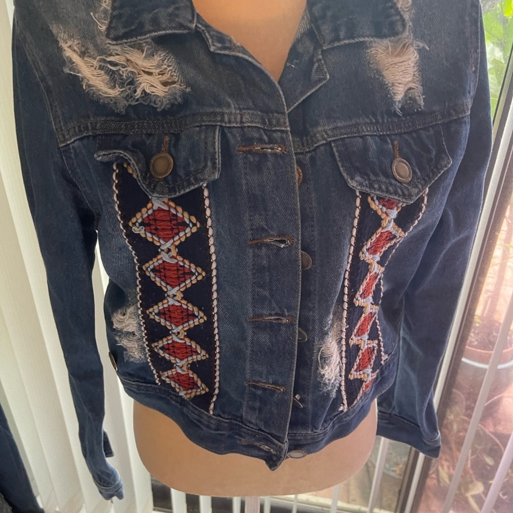 Embroidered Distressed Dark Blue Denim Jacket - Women's Jean Jacket